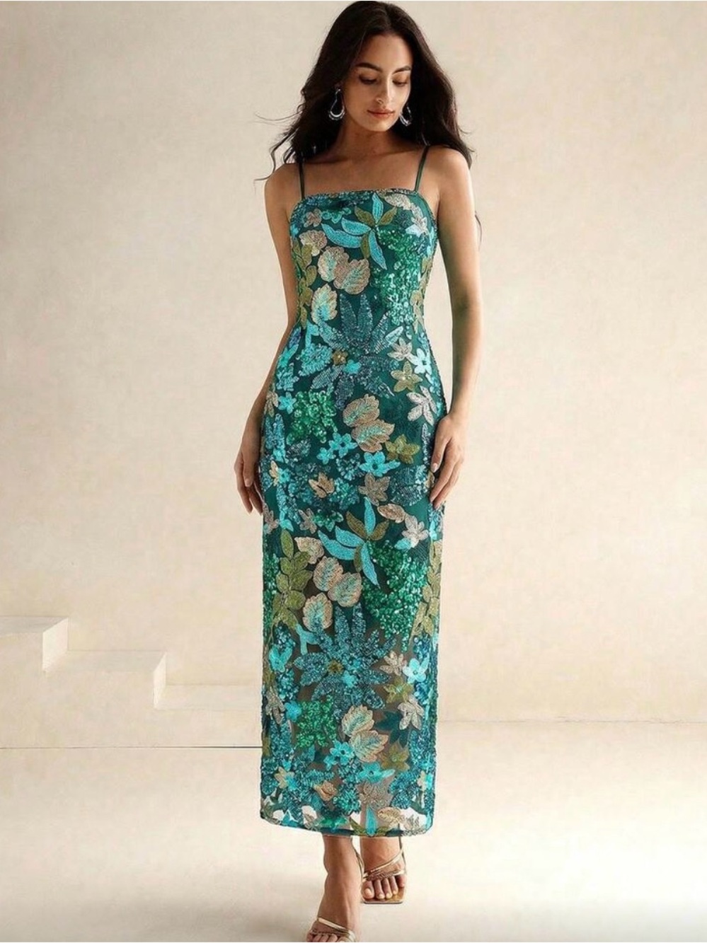 Green Floral Spaghetti-Strap Midi-Maxi Dress